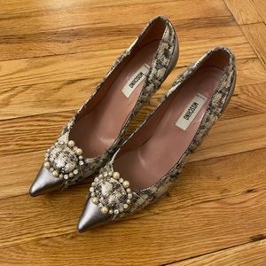 Moschino Brocade Tweed in Leather w/ Pearls Pumps